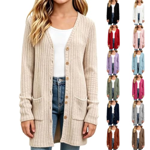 AIMAOMI Girls Long Cardigan Button Down Ribbed Knit Sweater Coat Beige 13-14 Years - image 1