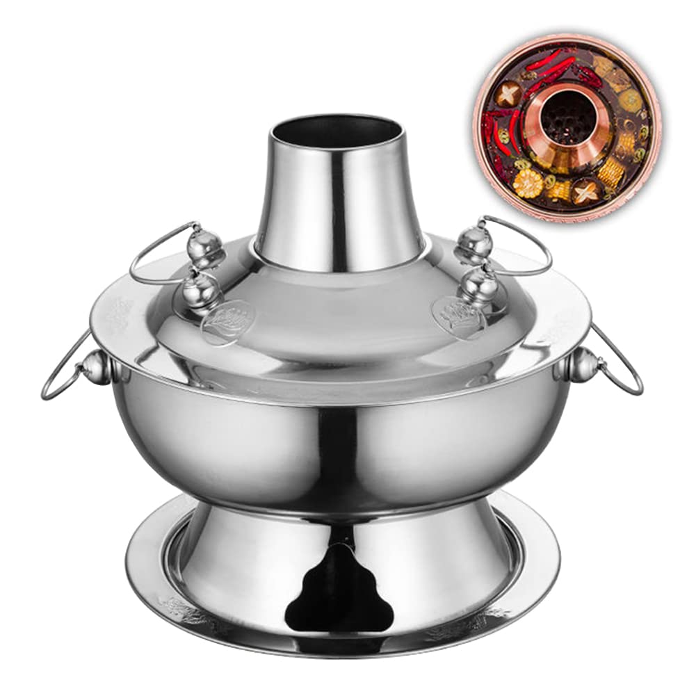 NGDFGR Copper Hotpot,Chinese Tranditional Hotpot,Shabu Vintage Copper Hot Pot With Chimney Stainless Steel Cooker Kitchen,Silver-36cm
