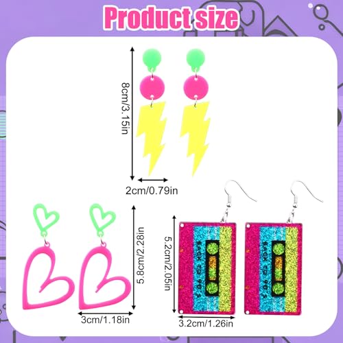 3 Pairs 80s 90s Neon Earrings for Women, Acrylic Retro Heart Tape & Lightning Geometric Dangle Neon Earrings for 80s 90s Disco Theme Party Accessories Glowing Party Jewelry2