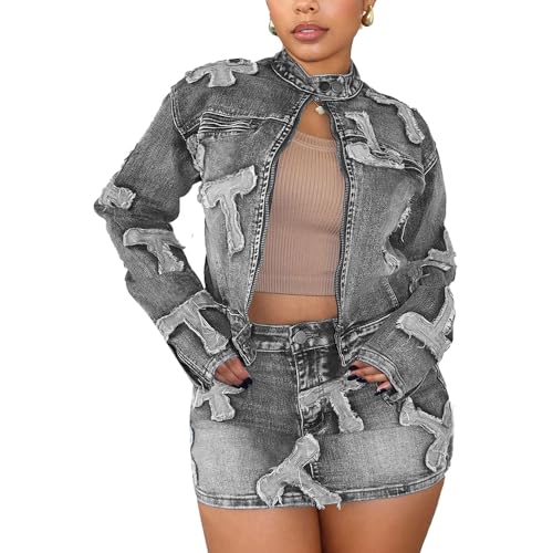 Molilove Women Fall 2 Piece outfits Skirt Sets Long Sleeve Denim Jacket Crop Top Mini Skirt Lounge Y2K Wear Tracksuit