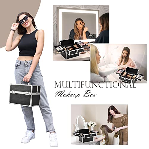 Yueieoun Makeup Train Case Makeup Box With 4-Tray For Cosmetics & Tools Cosmetics Organizer Lockable Girls Makeup Organize Case For Women’s Makeup Kit, Nail, Craft Kit, Fashion Black #TOP4