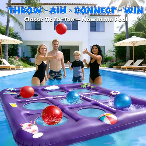 EPN Inflatable Tic Tac Toe Pool Game, 56” x 54” Floating Pool Party Toss Game with 10 Balls, 2-in-1 Pool & Lawn Water Game with Sprinkler, Outdoor Summer Party Toy for Kids Teens Adults, Purple — view 3