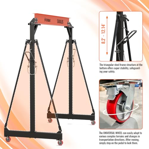 EFFICRAFT 5000LB Gantry Crane Kit, Adjustable Height from 8.2' to 12.14', 2 Ton Shop Crane with Manual Trolley Hoist, Portable Truck Bed Crane, Engine Lift Ideal for Garage Use