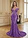 RYANTH Off Shoulder Sequin Grape Prom Dresses for Women Long 2026 Mermaid Cocktail Dress with Train Glitter Formal Evening Party Gown Size 2