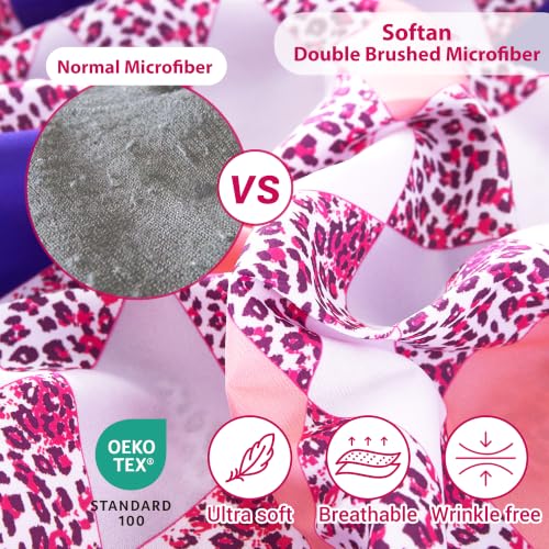 Image of Softan Geometric Argyle Leopard Print Full Sheet Set, Patterned Microfiber Bed Fitted Sheets with 15 inch Deep Pocket & Non-Slip Corner Straps, Pink Purple Modern Aesthetic Double Sheets & Pillowcase Set