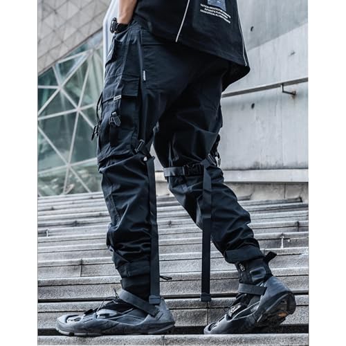 XYXIONGMAO Black Cargo Pants Men Tech Pants with an Adjustable Belt Multi Pocket Cargo Pants for Men Streetwear Pants(Black,M)4