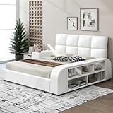 WasaFire Queen Size Upholstered Platform Bed with Multimedia Nightstand and Storage Shelves (White)