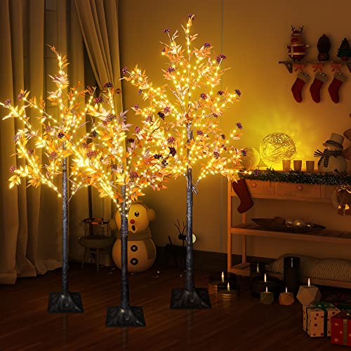 Lamerge Lighted Christmas Tree With Red Berries, 4Ft+5Ft+6Ft Artificial Trees, Pack Of 3, 80+120+160 Led Lights, Led Christmas Tree, Decoration For Indoor Thanksgiving, Brown (Christmas Tree005) #TOP7