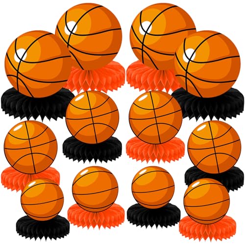 QOUBAI 12 Pcs Basketball Party Decorations Basketball Honeycomb Centerpieces Sports Themed Table Decorations Sports Tabletop Honeycomb Ornaments for Boys Birthday Baby Shower Party Supplies Decor