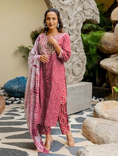 Image of MIRCHI FASHION Women's Straight Fit Paisley Printed And Embellished Kurta Set with Dupatta and Trouser