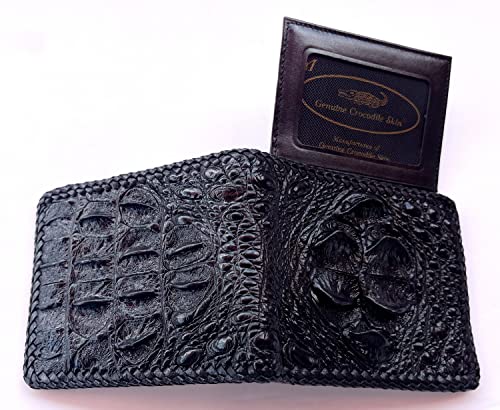Julie Genuine Real Big Head Crocodile Skin Leather Man Bifold Knit Edges Black Wallet4