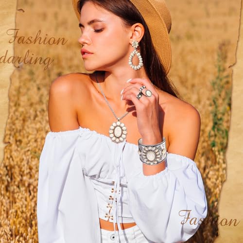 Image of Ecally Bohemian Western Jewelry Turquoise Set Women Country Pendant Long Choker Layered Bracelets Earrings Ring for Women