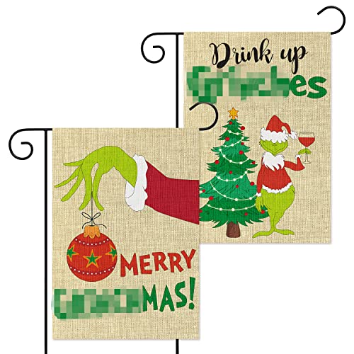 D1resion 2Pcs Merry Christmas Garden Flag Double Sided Print Burlap Christmas Yard Flags with Xmas Tree House Flag for Winter Home Outdoor Lawn Holiday Party Decor 12X18 in