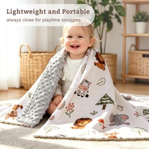 Image of HOMRITAR Animals Baby Blanket for Boys Girls Double Layer Dotted Backing | Soft Cozy Throw Blanket with Woodland Elephant Lion Print for Infant Toddler Nursery Crib Stroller Shower Gift 30 x 40 Inch