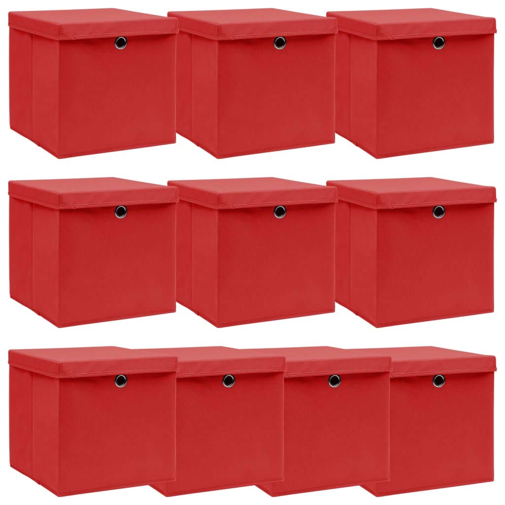 Chusui Aufbewahrungsboxen mit Deckel, 10 Stück, Organizer für Schubladen, Organizer, Spielzeugbox, Aufbewahrungsbehälter, Aufbewahrungsbehälter, roter Stoff, 32 x 32 x 32 cm