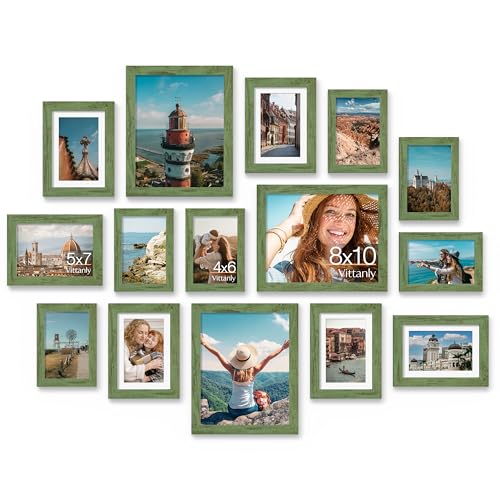 Image of Vittanly 15 Pack Picture Frames Collage Wall Decor for Mounting or Tabletop Display, Gallery Frame Set for Family, Multi Sizes Including 3pcs 8x10, 6pcs 5x7, 6pcs 4x6, Rustic Green