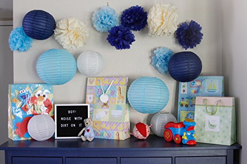 Just Artifacts Decorative Paper Party Pack (15pcs) Paper Lanterns and Pom Pom Balls - Ivory/Blues - Paper Lanterns and Décor for Birthday Parties, Baby Showers, Weddings and Life Celebrations!