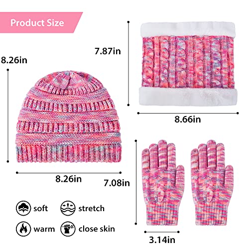 FENELY Lot de 2 écharpes et chapeaux pour enfants de 1 à 8 ans, garçons et filles d'hiver chauds en polaire doublée et écharpe Infinity, 6-10 Rainbow Pink, 6-10 years old – vue 6