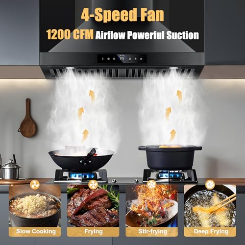 Image of 30 inch Range Hood Wall Mount, 1200 CFM with 4-Speed Gesture Sensing & Touch Control, Stainless Steel Ducted Kitchen Stove Vent Hoods with 2 LED Lights, Time Setting, Dishwasher-Safe Baffle Filters
