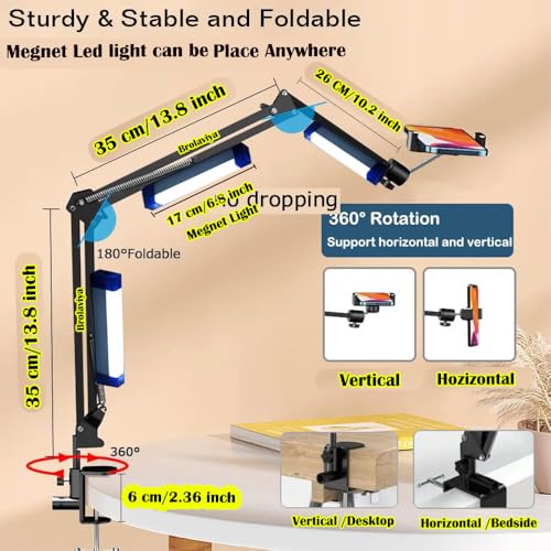 Image of BROLAVIYA Overhead Video Mobile Stand with 17cm Rechargeable LED Tube Light, New Extra-Long Arm, 1 /4 inch Head, 2 Way Clip Clamp, and Mobile Bracket, for Photography, Video, reels, Black