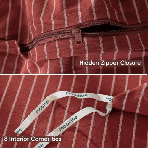 Image of MooMee Striped Duvet Cover Set 100% Washed Cotton Linen Like Queen | Relaxed Linen-like Texture. Soft, Breathable & Long-lasting Comfort. Lightweight. Hidden Zipper with 8 Interior Corner Ties