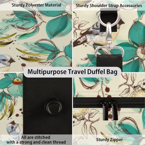 Bird Flower Travel Duffel Bag, Personality Green Flower Sports Tote Gym Bag, Foldable Weekender Overnight Bag, Luggage Handle Bag for Women Men3