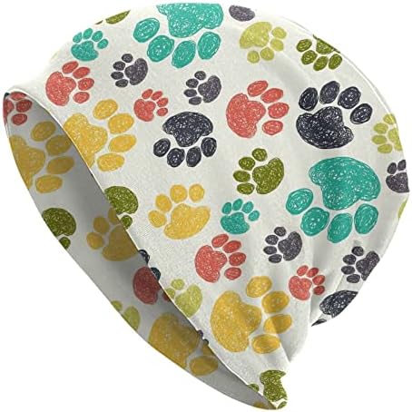 Cute Colorful Hand Drawn Doodle Dog Paw Slouchy Cool Beanies Skull Caps for Women Men Running Hat Soft Night Caps for Sleeping Chemo Headwear Winter Summer Warm Hat