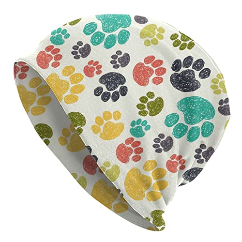 Cute Colorful Hand Drawn Doodle Dog Paw Slouchy Cool Beanies Skull Caps For Women Men Running Hat Soft Night Caps For Sleeping Chemo Headwear Winter Summer Warm Hat #TOP29