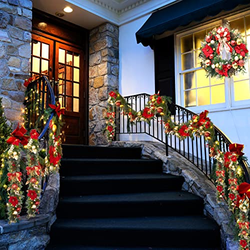 GarveeHome Prelit Christmas Garland for Mantle, 9 Ft Battery Operated Xmas Garland with Lights Red Gold Ball Ornaments Poinsettia Flower for Fireplace Front Door Stairs Railing Indoor Outdoor Decor