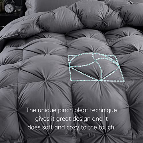 Three Geese Pinch Pleat Waterfowl Feathers and Down Comforter Twin Size Duvet Insert,750+ Fill Power,1200TC 100% Cotton, Premium All Seasons Gray Warm Hotel Comforter with 8 Tabs.