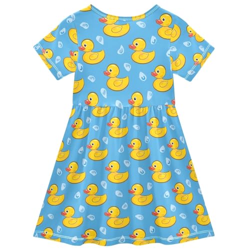 Yellow Duck on Blue Background Girls Short Sleeve Dress Casual A Line Twirly Skater Dresses2