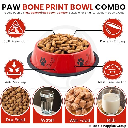 Image of Foodie Puppies Stainless Steel Dog Bowl Combo - (Medium, 700ml) Food and Water Feeding Gift Bowl | Suitable for Dogs, Cats and Other Pets I Paw Bone Print, Anti-Skid Rubber Base (Red + Yellow)