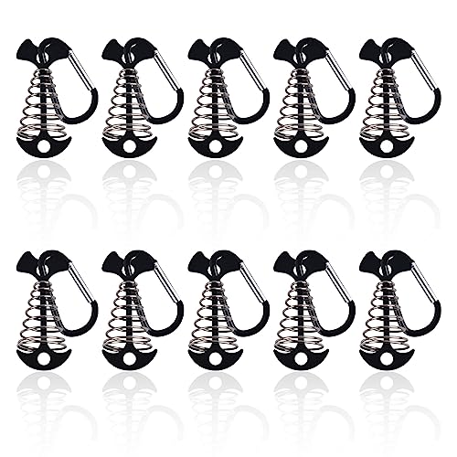 Deck Anchor Pegs with Carabiner Clip 10PCS, Fishbone Tent Pegs Camping Accessories, Windproof Deck Anchors with Spring Buckle for Outdoor Camping, Outdoor Gallery Road, (Black)