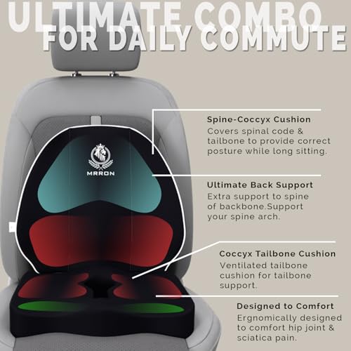 Image of MRRON Car Seat Lumber and Coccyx Pillow Kit Memory Foam Back Support and Siting Cushion Ergonomic Adjust Sitting Position Relief Pain for Car or Office Chair (Black, Spine Support)