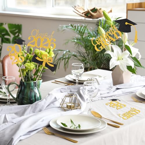 Image of Graduation Decorations 2026, 20 PCS Sparkling Black and Gold Double-Sided Centerpiece Sticks for Tables, Class of 2026 Table Toppers and Party Supplies