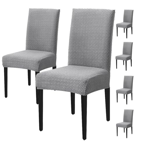 Image of House of Quirk Elastic Jacquard Chair Cover Stretch Removable Washable Short Dining Chair Cover Protector Seat Slipcover (Pack of 6, Dark Grey)