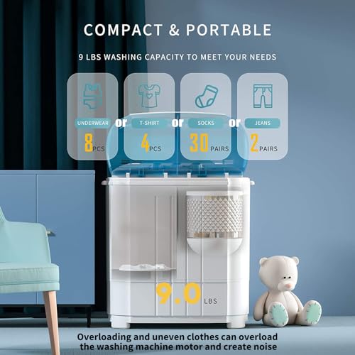 Auertech Portable Washing Machine, Mini Twin Tub Washers with 9lbs Washer, 5lbs Spinner, Compact Laundry Washer with Time Control, Small Washing Machine for Apartments, Dorm, RV