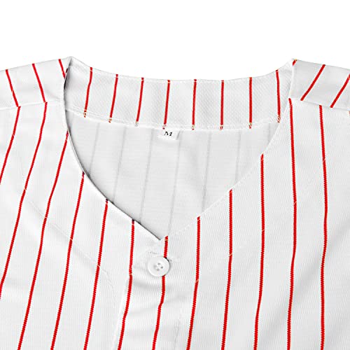 Camiseta de béisbol blanca a rayas rojas, abotonada, manga corta, para deportes y uso casual miniatura 6
