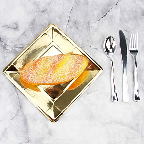Pack of 100 Gold Disposable Shiny Foil Paper Plates, Square 7", Party Supplies for Appetizer, Lunch, Dinner, or Dessert - Thumbnail 7