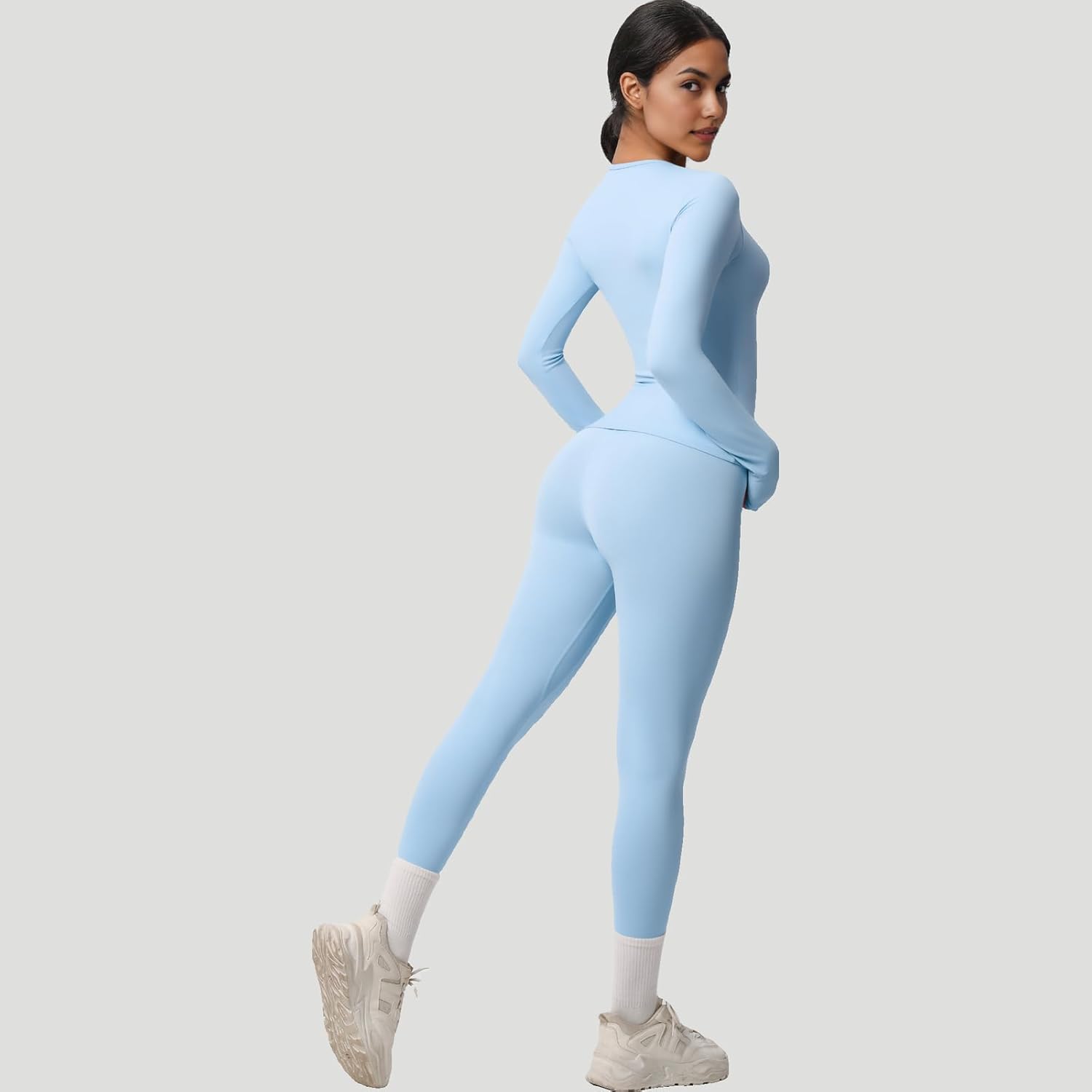 2 Piece Women’s Workout Set – Long Sleeve Athletic Top and High-Waisted Leggings - Image 3