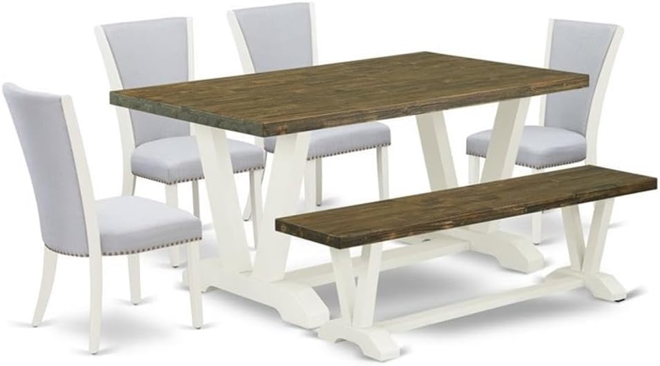 East West Furniture V076VE005-6 6 Piece Kitchen Table Set Contains a Rectangle Dining Table with V-Legs and 4 Grey Linen Fabric Parson Chairs with a Bench, 36x60 Inch, Multi-Color