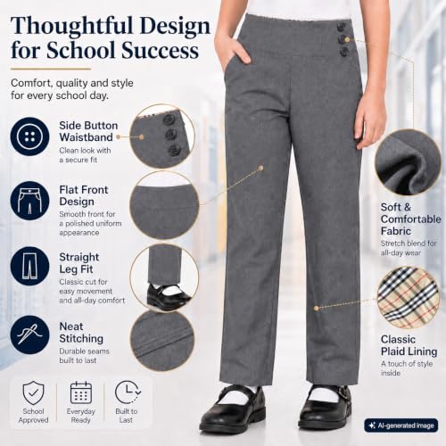 Image of Bienzoe Adjustable Waist Girls Pants: School Uniform Straight Leg | Growing kids Aged 3-13, Classroom, Campus Activities, Adjustable Fit Support, Private Academy Events, Soft Comfort, Easy Care