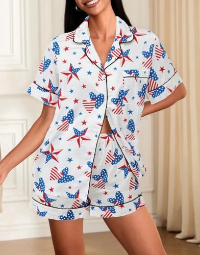 Image of Argeousgor Women 4th Of July Pajama Sets American Flag Short Sleeve Shirt and Shorts 2 Piece Independence Day Pajamas Set
