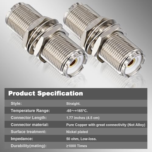 2-Pack Adaptador Conector UHF SO239 Hembra a Hembra 1.77" miniatura 7