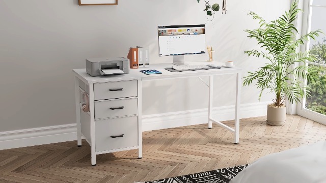 Scrivania Per Computer, 2 Cassetti In Tessuto, 4 Ganci E Metallo Telaio Scrivania Da Studio Semplice Tavolo Da Trucco Bianco 88443239
