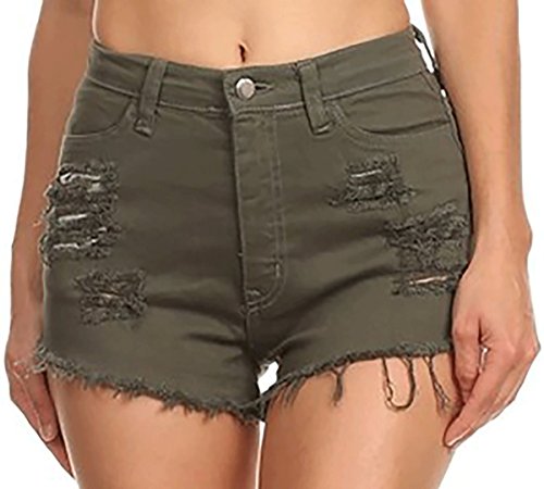 Vibrant Women's Juniors Denim High Waist Cutoff Shorts Olive L
