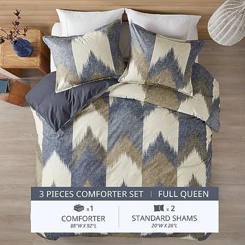 Image of Ink+Ivy Queen Size Comforter Set, Cozy Cotton Comforter, All Season, Lightweight Comforter Queen Bed Set with 2 Matching Shams, Modern Cabin Lodge Ikat Chevron Design, Navy Full /Queen 3 Piece