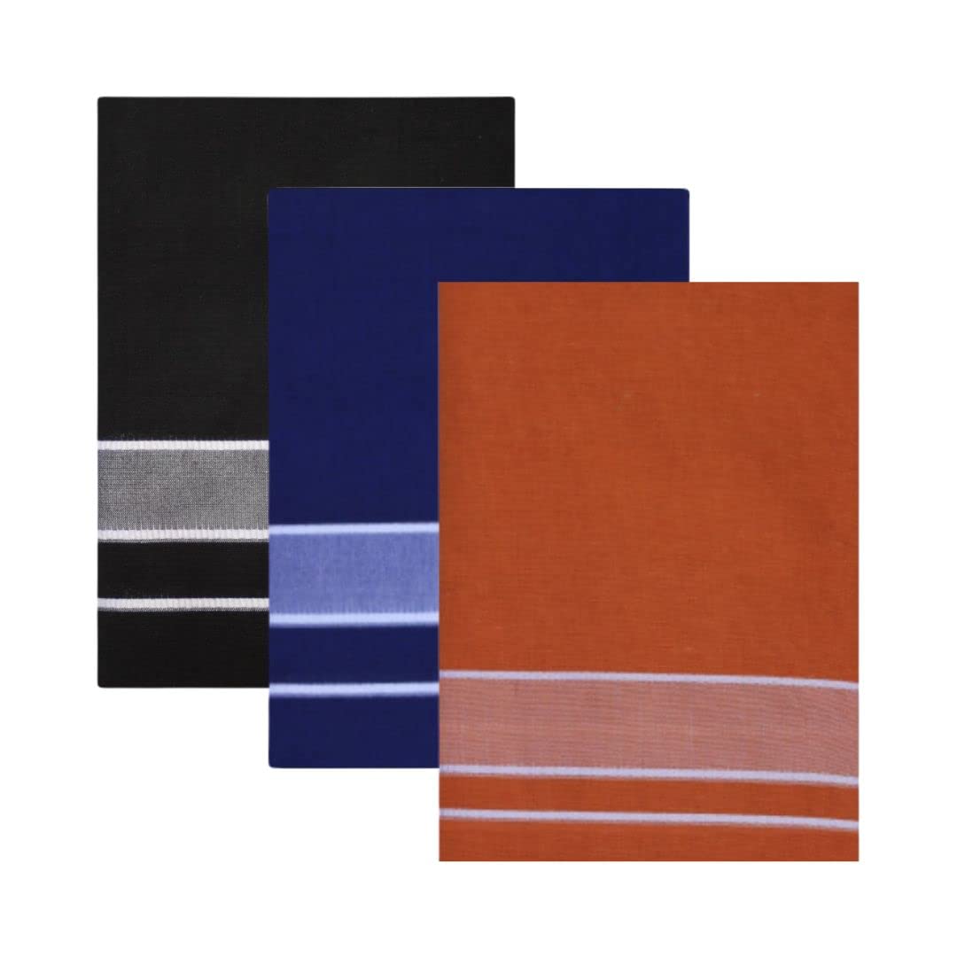 Multicolor Kerala style (Mundus) Dhotis for Men Black, Blue and Light Kaavi (Saffron) (Free Size Assorted) Lungi Veshti (Kaili) Pack of 3-image-49