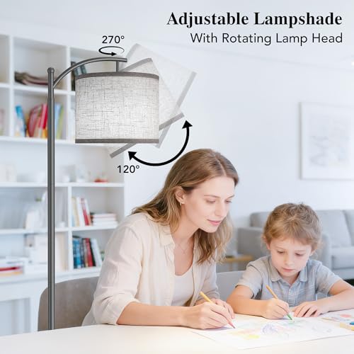 Image of Floor Lamp for Living Room with 3 Color Temperatures LED Bulb, Standing Lamp Tall Industrial Floor Lamp Reading for Bedroom, Office (9W LED Bulb, Beige Lampshade Included) -Grey