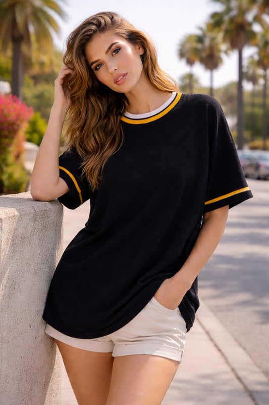 Image of London Hills Women's Waffle Texture T-Shirt | Loose Fit Casual Summer Top | Round Neck with Contrast Rib Collar & Sleeve Stripe | Soft Breathable Half Sleeve Tee